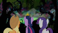 Twilight, Rarity and Applejack looking at the creek S4E02