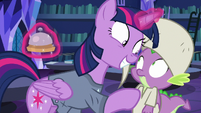 Twilight grinning wide in Spike's face S9E16