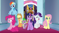 Mane Six and Spike arrive to throne room S9E1