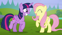 Twilight and Fluttershy smiling wide S5E23