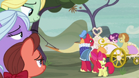 Big Mac and Apple Bloom watch Sugar Belle and Feather ride away S7E8