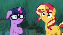 Sunset and Sci-Twi hear Rainbow Dash EGSB