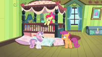 Sweetie and Scootaloo looking at Apple Bloom S4E17