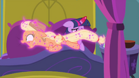 Applejack flies past Twilight Sparkle's face MLPS2