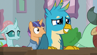 Gallus smiling nervously at Rockhoof S8E21