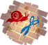 Graffiti of blue scissors and red snail on brick wall