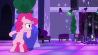 Pinkie Pie hiding behind a potted plant S6E9