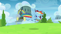 Rainbow Dash flying after Scootaloo S7E7