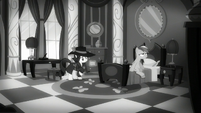 Rainbow sitting on a bed; Rarity levitates a letter S5E15