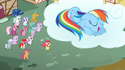 Crowd of ponies watch Rainbow Dash sleep S2E6
