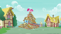 Rainbow Dash flying around the pie pyramid S7E23