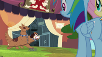 Rainbow and Fluttershy approach ancient beast stall S4E22