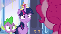 Even Spike is scared by Pinkie's seemingly omnipotent knowledge.