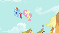 Fluttershy and Rainbow looking down at Applejack S6E11