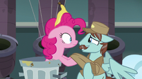 Janitor Pony continues to nervously answer Pinkie S7E23