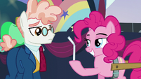 Pinkie Pie smiling and moving her eyebrows at Svengallop S5E24