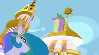 Princess Celestia looking up at a magically-grown Spike