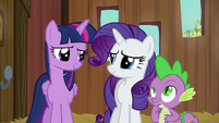 Twilight and Rarity smiling; Spike in thought S6E10