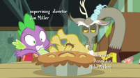 Discord's paw shoving Spike aside S8E10