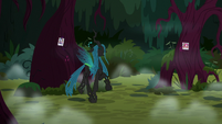 Queen Chrysalis giddily prancing in the forest S8E13