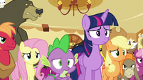 Twilight and ponies looking worried at Pinkie S6E15