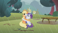 Applejack and Rarity clinging to each other S1E08
