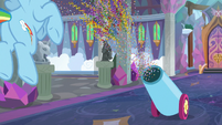 Confetti and streamers fire out of Pinkie's cannon S8E1