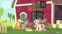 Fluttershy, AJ, and Wrangler at Sweet Apple Acres S7E5