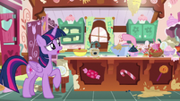 Pinkie tossing ingredients behind kitchen counter S7E23