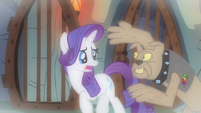 Rarity getting spooked by a one of the mutated dogs.
