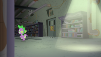 Spike follows Twilight through the corridor S9E5