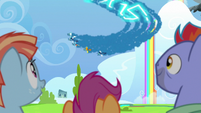 Wonderbolts streaking through the sky S7E7