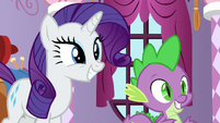 Rarity and Spike smiling at Sludge S8E24