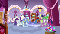 Spike notices Rarity's basket of jewels S9E26