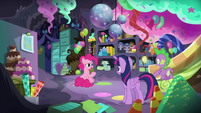 Twilight and Pinkie in party-planning cave S9E26