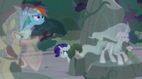 Rainbow and Rarity hide behind Flash and Mistmane S7E25