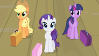 Rarity and friends preparing to board train S4E8