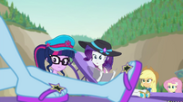 Twilight, Rarity, and AJ looking at Trixie EGFF