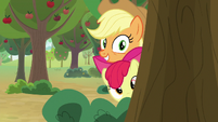 AJ and Apple Bloom peek out from behind tree S9E10