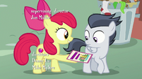Apple Bloom giving Rumble a camp flyer S7E21