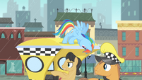 Taxi passenger pointing at the line of ponies S4E08