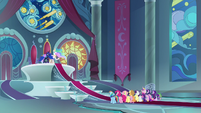 Mane Six and princesses in Canterlot throne room S8E25