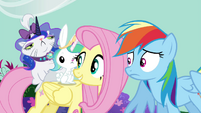 Rainbow sees Fluttershy with Opal and Angel S4E21