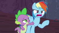 Spike stops Rainbow Dash from saying anything S7E25