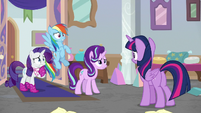 Starlight, Rarity, and Dash looking worried S8E17