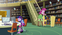 Twilight, Spike, and Cheerilee in the library EG