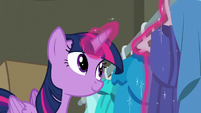 Twilight Sparkle hanging a blue dress S6E9