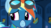 Rainbow Dash nervously looking behind her S6E7
