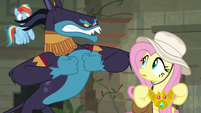 Ahuizotl puffing his chest at Fluttershy S9E21