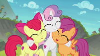 Cutie Mark Crusaders cheering together S8E6